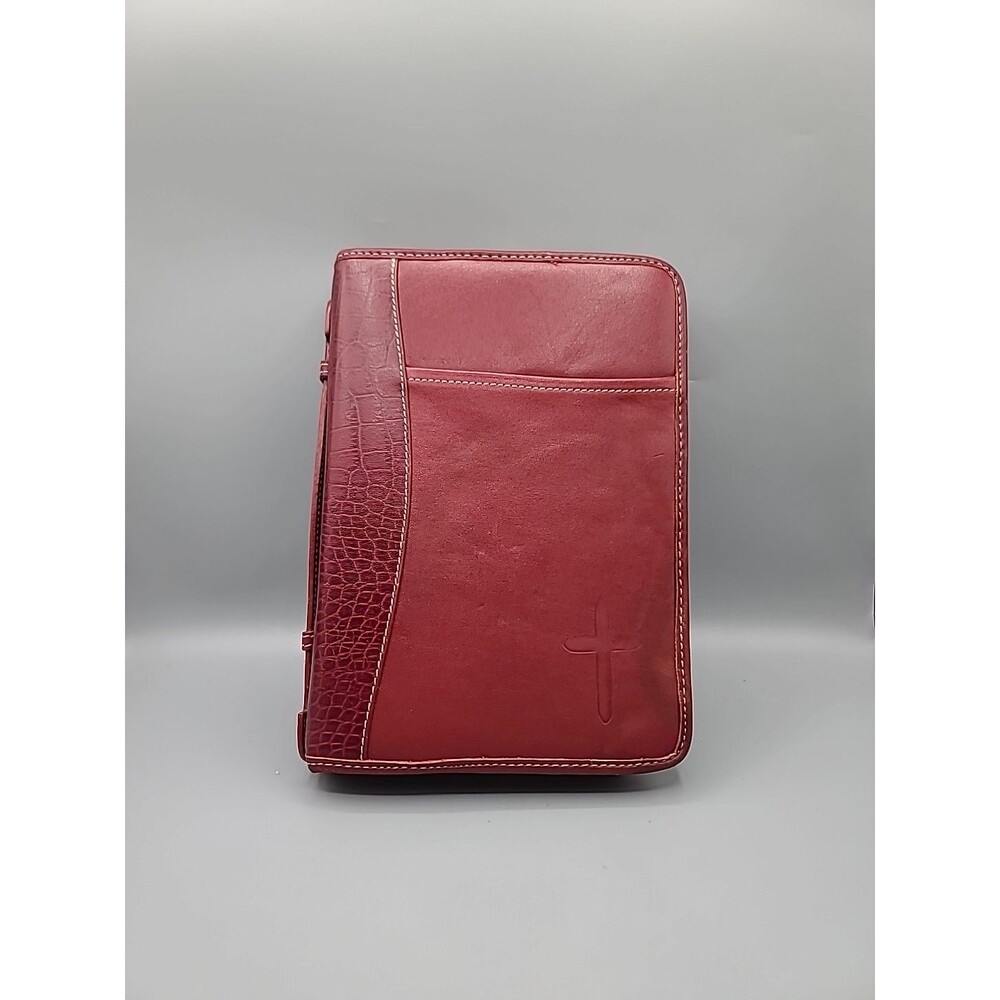 Bible Zip Cover Maroon Red Embossed Cross Front Pocket Leather Look